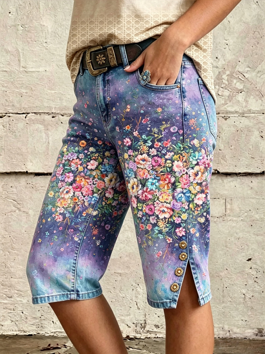 Retro Style Art Print Vintage Casual Denim Short